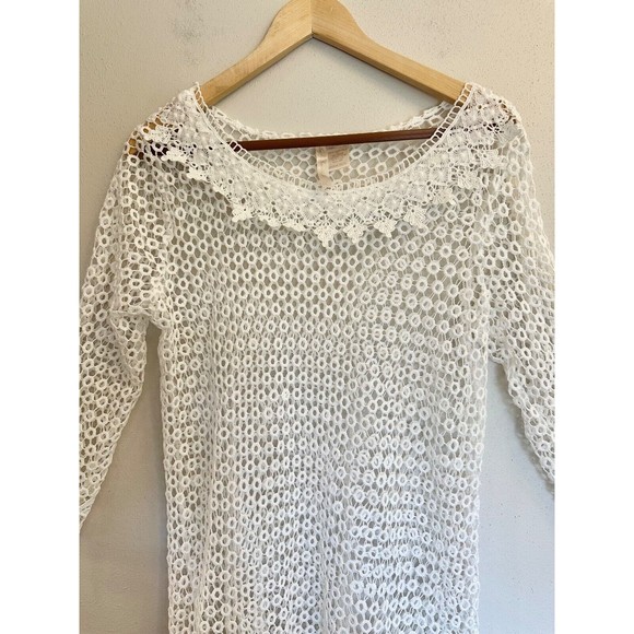 Simply Irresistible Top Womens L White Crochet Open Knit Tunic Boho Cover Up - Picture 2 of 10